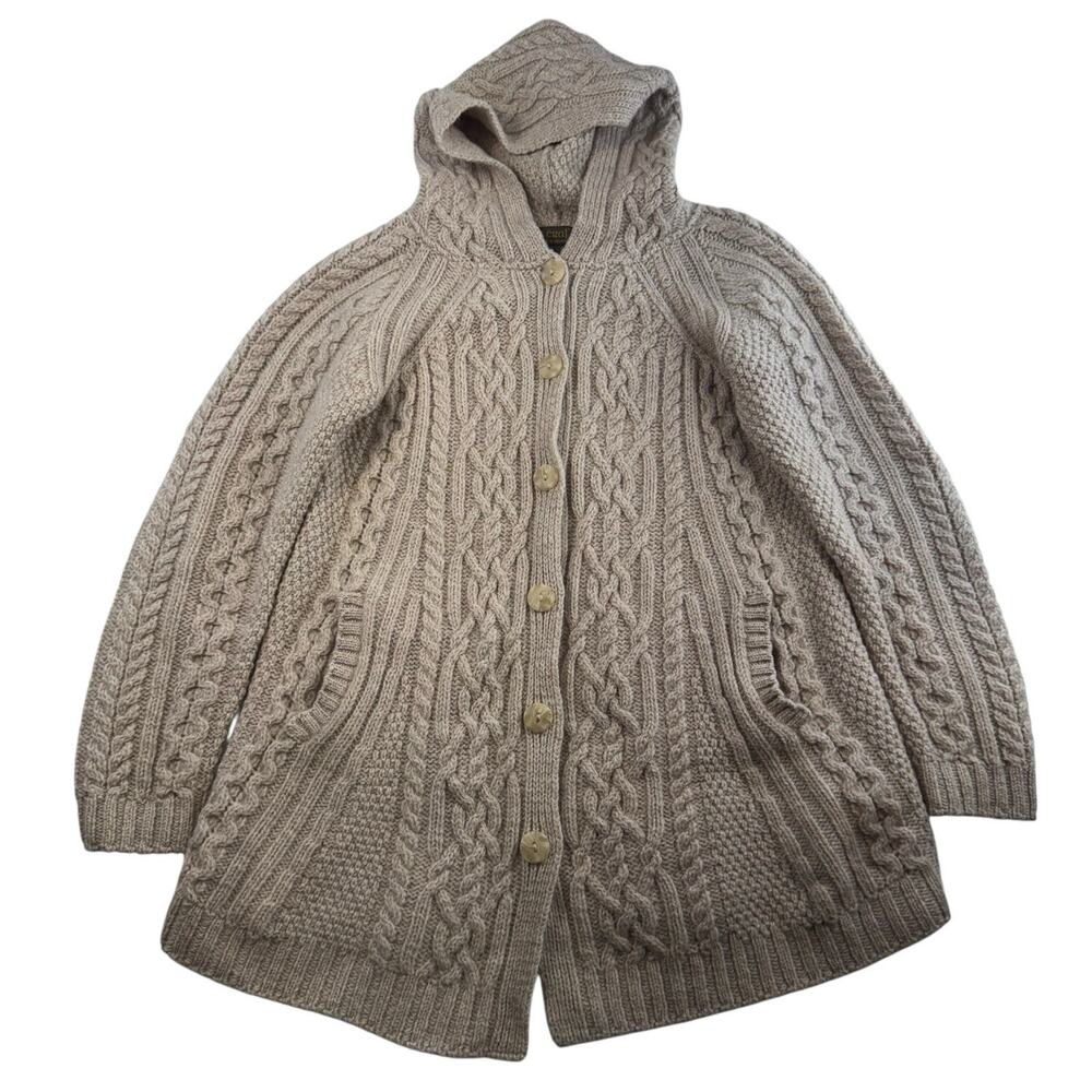 INIS‎ CRAFTS Sz M Cardigan Sweater Jacket Merino Wool Cable Knit Hooded Ireland